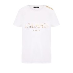 Хлопковая футболка с логотипом бренда и контрастными пуговицами Balmain