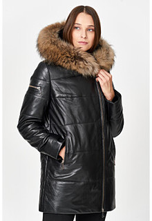 Утепленная кожаная куртка с отделкой мехом енота Снежная Королева