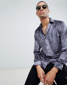 Серая приталенная рубашка из мятого бархата Twisted Tailor-Серый