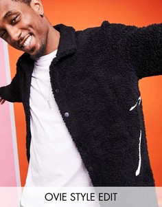 Черная плюшевая oversized-куртка Харррингтон с вышивкой ASOS DESIGN-Черный