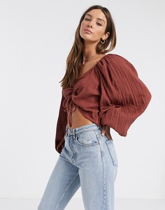Присборенный топ из жатой ткани с длинными рукавами ASOS DESIGN-Бесцветный