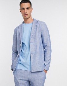 Сине-белый приталенный пиджак из смешанного льна ASOS DESIGN-Темно-синий