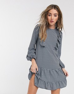 Синее платье мини в клетку с оборками Topshop-Синий