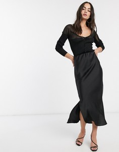 Черная атласная юбка миди с разрезами ASOS DESIGN-Черный