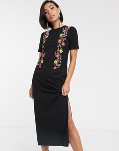 Платье-футболка миди с цветочной отделкой ASOS DESIGN-Черный