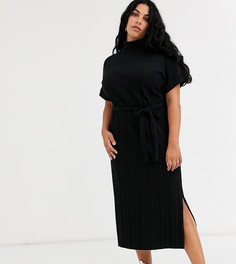 Платье-футболка миди в рубчик с поясом эксклюзивно для ASOS DESIGN Curve-Черный