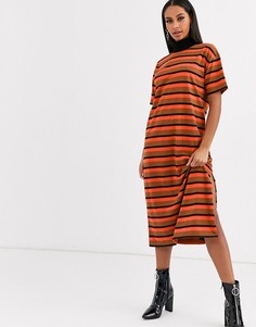 Платье-футболка миди в оранжевую/коричневую полоску ASOS DESIGN-Мульти