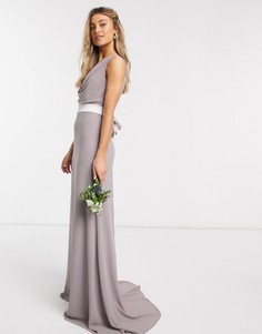 Серое платье макси со свободным воротом и бантом на спине TFNC Bridesmaids-Серый