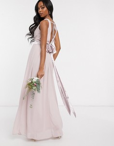 Розовое платье макси с запахом и бантом на спине TFNC Bridesmaids-Розовый