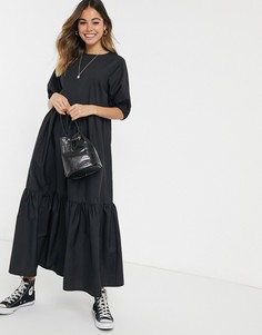 Черное ярусное платье миди из хлопкового поплина ASOS DESIGN-Черный