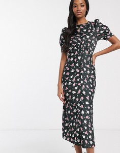 Черное платье миди с мелким цветочным принтом ASOS DESIGN-Мульти