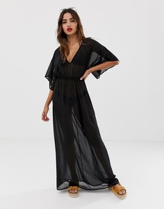 Черное пляжное шифоновое платье макси с рукавами кимоно и завязкой на спине ASOS DESIGN-Черный
