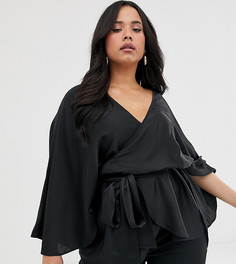 Атласный топ с глубоким вырезом, рукавами-кимоно и завязкой на талии ASOS DESIGN Curve-Черный