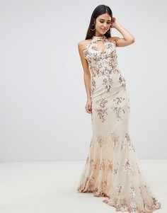 Кремовое платье макси с золотистой отделкой Goddiva-Мульти