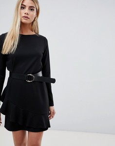Платье мини с поясом и оборкой ASOS DESIGN-Черный