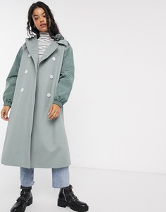 Шалфейно-зеленый тренч с контрастной строчкой ASOS DESIGN-Бежевый