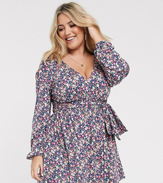 Синее платье мини с длинными рукавами и цветочным принтом ASOS DESIGN Curve-Мульти