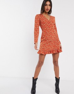 Платье мини с запахом и мелким цветочным принтом Fashion Union-Оранжевый