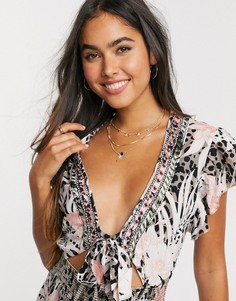 Серое пляжное платье с анималистичным и цветочным принтом River Island-Розовый