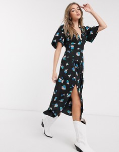Черное платье миди с V-образным вырезом Topshop-Черный