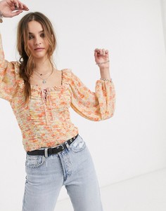Белая присборенная блузка с принтом Free People-Желтый