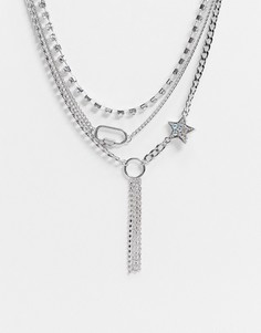 Серебристое ярусное ожерелье с кристаллами ASOS DESIGN-Серебряный