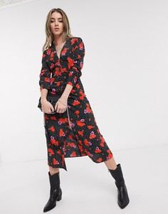 Платье миди с V-образным вырезом и цветочным принтом Topshop-Мульти