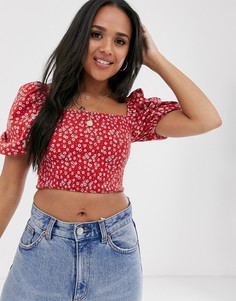Красный топ со сборками, пышными рукавами и цветочным принтом ASOS DESIGN