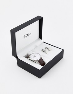 Подарочный набор из часов с кожаным ремешком и запонок BOSS-Коричневый