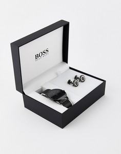 Подарочный набор из часов с сетчатым браслетом и запонок BOSS-Серый