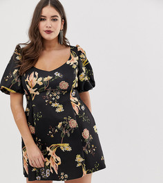 Платье мини с объемными рукавами и цветочным принтом ASOS DESIGN Curve-Мульти