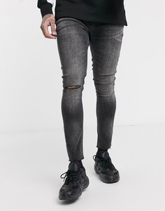 Черные супероблегающие джинсы до щиколотки с рваным коленом и необработанным краем ASOS DESIGN-Черный