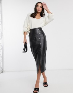 Черная кожаная юбка миди с кнопками ASOS DESIGN-Черный