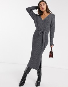 Платье миди с запахом и поясом ASOS DESIGN-Серый