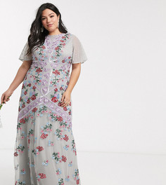 Серебристое платье макси с рукавами-клеш и цветочной отделкой Maya Plus-Серый