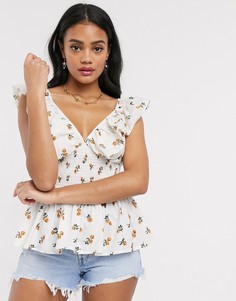 Присборенный в талии топ с оборкой, цветочным принтом и вышивкой ришелье ASOS DESIGN-Мульти