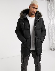 Черный пуховик с искусственным мехом на капюшоне ASOS DESIGN
