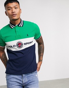 Зеленое поло из пике с отделкой и логотипом на груди Polo Ralph Lauren Sport Capsule-Зеленый