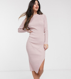 Розовое платье миди в рубчик с разрезом сбоку Missguided Petite-Розовый