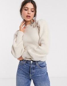 Светло-бежевый свитер в рубчик с объемными рукавами Bershka-Кремовый