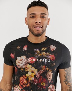 Футболка из органического хлопка с цветочным принтом и вышитой надписью ASOS DESIGN-Черный