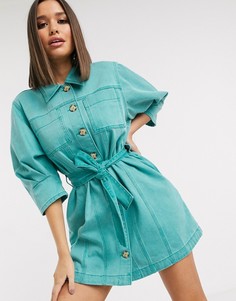 Джинсовое платье-рубашка бирюзового цвета с объемными рукавами ASOS DESIGN-Синий