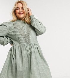Свободное платье мини цвета хаки с высоким воротом и кружевными вставками ASOS DESIGN Curve-Зеленый