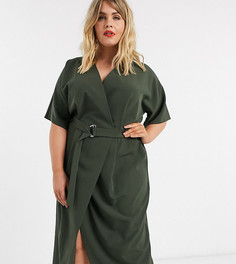 Платье миди цвета хаки с запахом и поясом ASOS DESIGN Curve-Зеленый