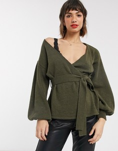 Джемпер с запахом и объемными рукавами ASOS DESIGN-Зеленый