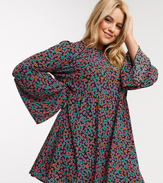 Свободное платье мини с цветочным принтом и расклешенными рукавами ASOS DESIGN Curve-Мульти