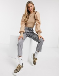 Бежевый топ с рукавами из поплина New Look-Светло-коричневый