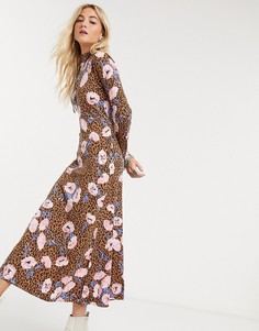 Коричневое платье миди с цветочным принтом в стиле ретро Free People-Мульти