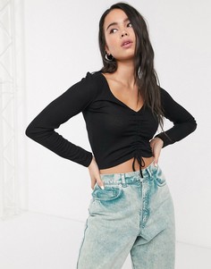 Черный трикотажный топ со сборками Monki