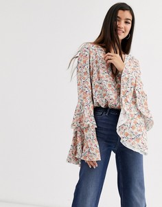 Блузка с цветочным принтом и расклешенными рукавами Free People - Shes Dainty-Белый